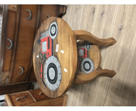 WOOD TABLE WITH TRACTOR ON TOP AND SHELF