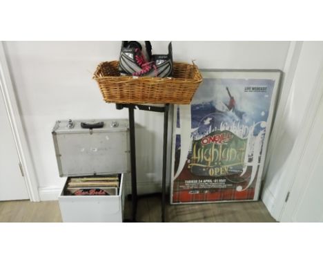 BOX OF RECORDS, METAL CASE, SHELF STAND, ICE SKATES AND OTHERS