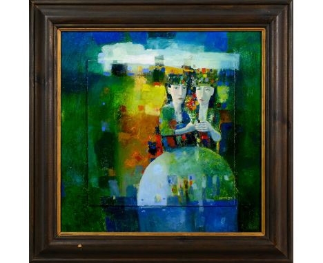 * JONATHAN HOOD (SCOTTISH b. 1957), PEACE OFFERING oil on board, signed, titled versoframedimage size 44cm x 44cm, overall si