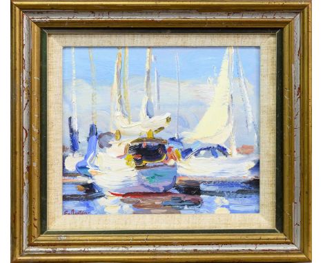 * JAMES FULLARTON (SCOTTISH b. 1946), WHITE YACHTS oil on board, signed, titled versoframed and under glassimage size 20cm x 