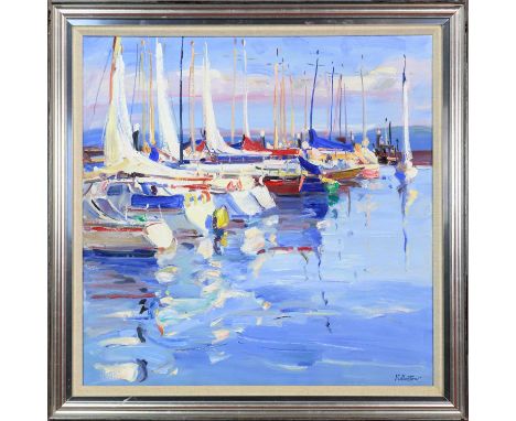 * JAMES FULLARTON (SCOTTISH b. 1946), A ROW OF YACHTS oil on canvas, signedframedimage size 77cm x 77cm, overall size 91cm x 