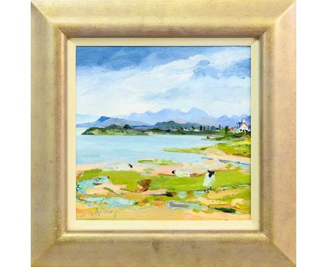* JAMES HARRIGAN (SCOTTISH b. 1937), SHEEP ON THE SHORE oil on board, signedframed and under glass image size 29cm x 29cm, ov