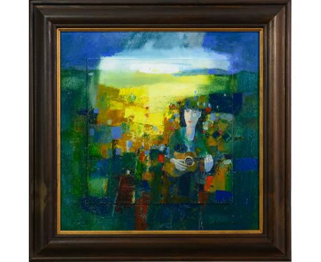 * JONATHAN HOOD (SCOTTISH b. 1957), BUSKER oil on board, signed and titled versoframedimage size 44cm x 44cm, overall size 56
