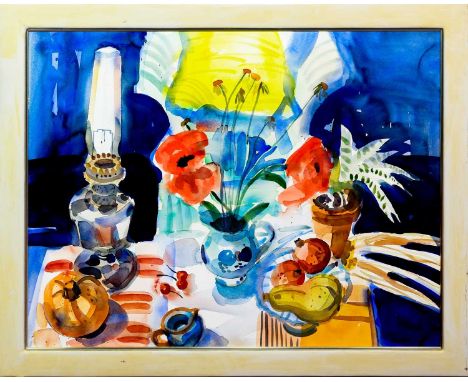 * GLEN SCOULLER RSW RGI DA (SCOTTISH b. 1950), STILL LIFE, POPPY & GREEN CHAIR watercolour on paper, signed, titled label ver