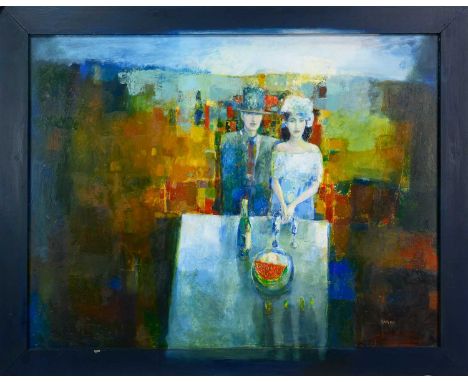 * JONATHAN HOOD (SCOTTISH b. 1957), WEDDING FEAST oil on board, signed and titled versoframedimage size 76cm x 98cm, overall 