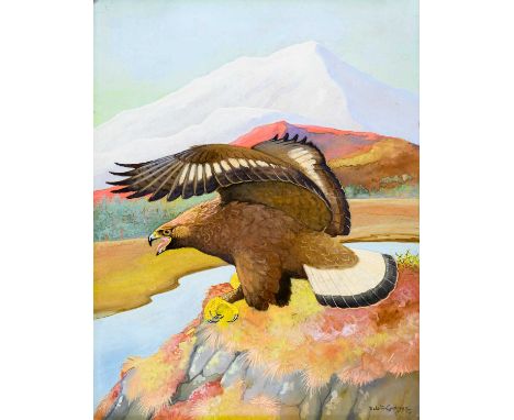 * RALSTON GUDGEON RSW (SCOTTISH 1910 - 1984), GOLDEN EAGLE HUNTING  watercolour on paper mounted to board, signed, titled ver