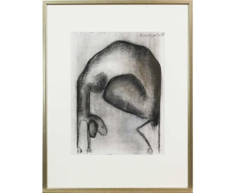 * PAT DOUTHWAITE (SCOTTISH 1939 - 2002), DOG LAYING DOWN charcoal and pastel on paper, signed and dated '89mounted, framed an