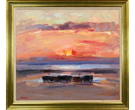 * JAMES FULLARTON (SCOTTISH b. 1946), COWS AT SUNSET oil on canvas, signedframedimage size 77cm x 87cm, overall size 91cm x 1