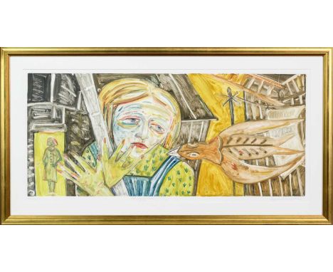 * JOYCE W CAIRNS PPRSA HRHA HRWA HRBA RSW MA (RCA)  (SCOTTISH b. 1947), THE DRYING GREEN  monoprint on paper, signed, titled 
