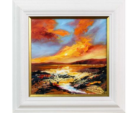 * DRONMA (SCOTTISH b. 1947), ORANGE SUNSET oil on canvas, signedframed and under glassimage size 40cm x 40cm, overall size 60