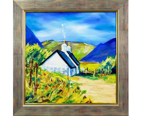 * DRONMA (SCOTTISH b. 1947), THE BOTHY, GLENCOE oil on canvas, signed, titled versoframedimage size 61cm x 61cm, overall size