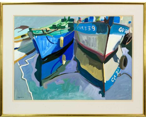 * ALEXANDER GOUDIE RP RGI (SCOTTISH 1933 - 2004), TWO BOATS gouache on paper, signedmounted, framed and under glassimage size