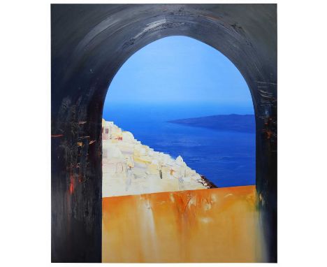 * CHRIS BUSHE RSW (SCOTTISH b. 1958), AFTERNOON ARCHWAY, SANTORINI  oil on canvas, signed, titled and dated 2003 verso  unfra