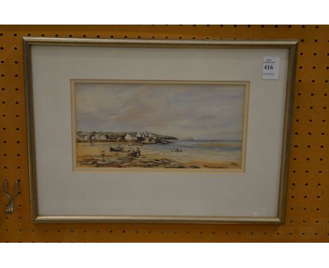 Elizabeth Hainz, a coastal landscape with figures and boats colour print.