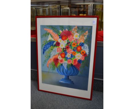 Colourful flowers in a pedestal vase, a limited edition print, signed.
