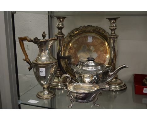 A Sheffield Plate wine ewer and other plated items.