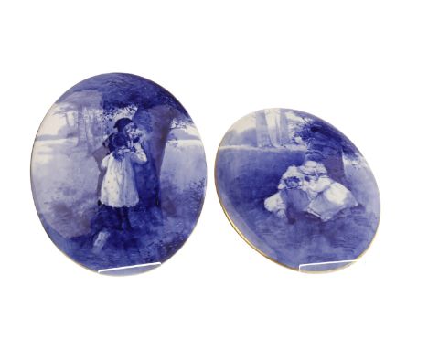 PAIR OF DOULTON BURSLEM 'BLUE CHILDREN' WALL PLAQUESof oval form, each with blue and white scene of children in woodland, dus