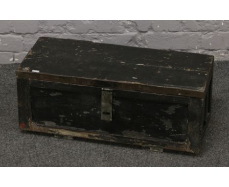 A vintage painted and metal bound tool chest.