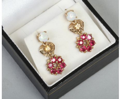 A pair of 9ct gold ruby, citrine and opal drop earrings.