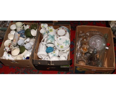 Three boxes of miscellaneous to include coffee set, cut glass decanter, Victorian glass roll pin, ceramic vases etc.