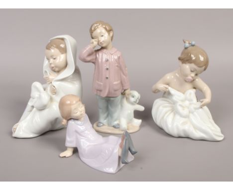 Four Nao figurines to include, boy with teddy bear, sitting girl etc.