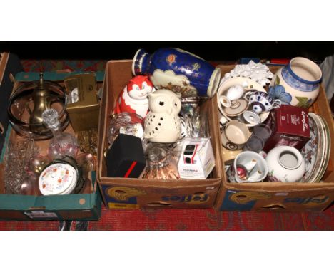 Three boxes of miscellaneous to include Spode, decorative glassware, ceramic owl lamp, Tomtom wristwatch etc.