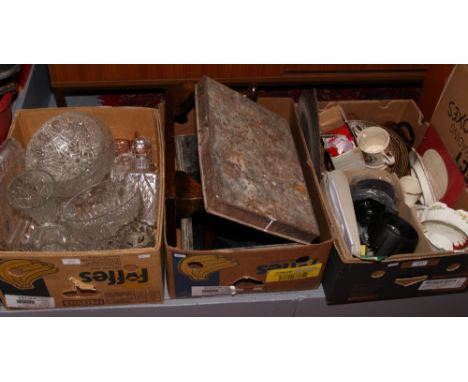 Three boxes of miscellaneous to include glass, ceramics, Freelander fog lamp kit, tin deed box, cabriole leg stool (damaged) 