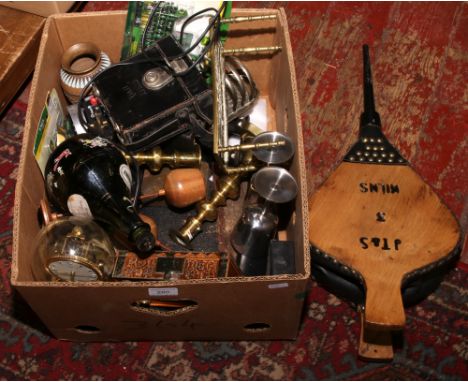 A box of miscellaneous collectables to include leather bellows, brass candlesticks, cased slide rule, slate mantle clock and 