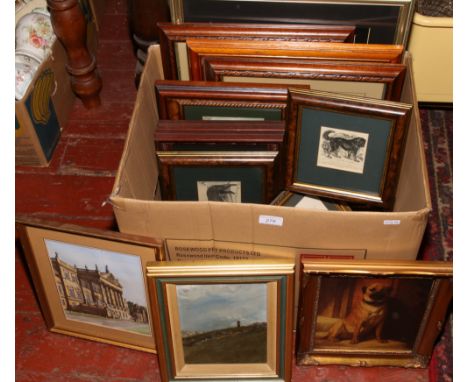 A box of pictures and prints to include Dambusters 65th Memorial, hunting scene print etc.