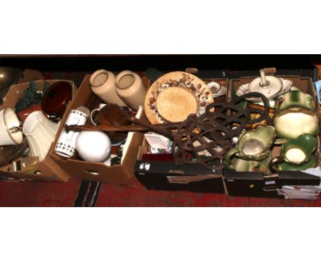 Four boxes of miscellaneous to include mannequin head, pair of large vases, brass table lamp, ceramic jug and bowl etc.