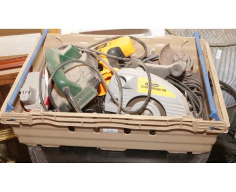 A box of power tools including battery circular saw, angle grinder, belt sander etc.Condition report intended as a guide only