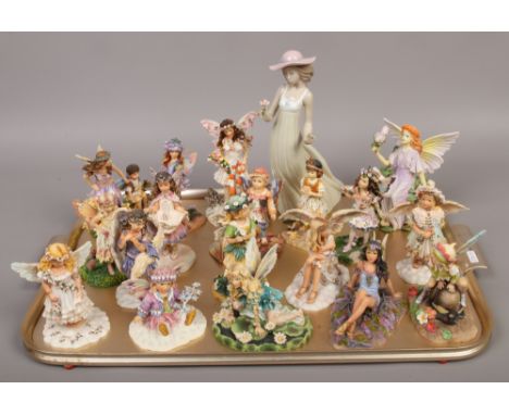 A tray of mostly ornamental fairies to include Leonardo collection and two Nao figures (damaged).