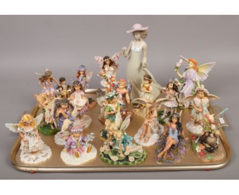 A tray of mostly ornamental fairies to include Leonardo collection and two Nao figures (damaged).