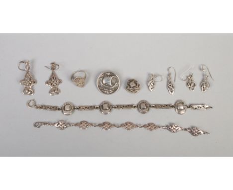 A collection of vintage Celtic silver jewellery including Iona style brooch and bracelet, 51 grams gross.