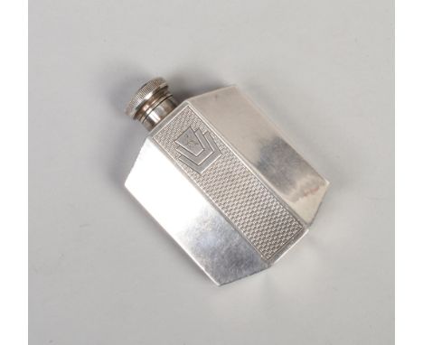 An Art Deco silver plated hip flask by James Dixon &amp; Sons. With engine turned engraving and threaded cap. Stamped EPBM, 8