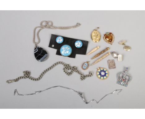 A tray of vintage jewellery including Victorian silver foiled enamel stud and pin set, banded agate pendant and cufflinks etc