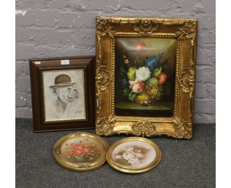 A gilt framed oil, still life flowers, along with a framed pastel painted of a dog wearing a hat and two oval oil still life 