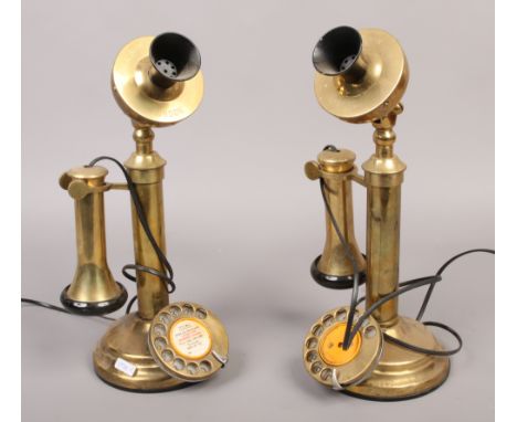 Two vintage brass candlestick telephones, one by Edison and other for Post Office of London.