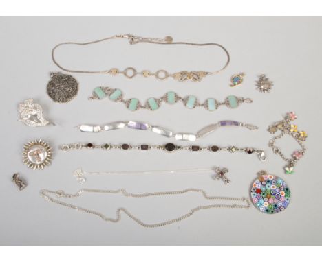 A box of mixed modern silver jewellery including mother of pearl bracelet, millefiori pendant etc gross weight 92 grams.