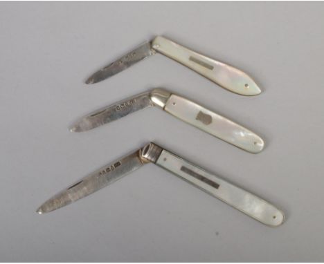 Three silver and mother of pearl fruit knives including Victorian example.