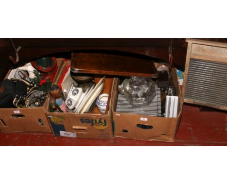 Three boxes of miscellaneous to include wooden figures, oil lamp base, washboard, pewter etc.