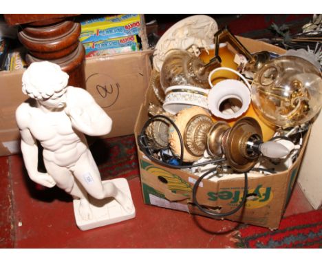 A box of miscellaneous to include a plaster cast statue of David, ceramic figures, anglepoise wall lights etc.
