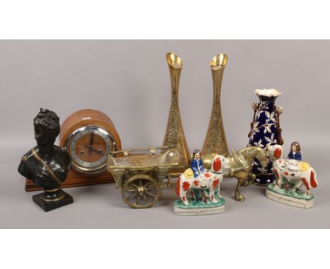 A mixed group to include brass horse and cart, oak mantle clock, Staffordshire style figures etc.