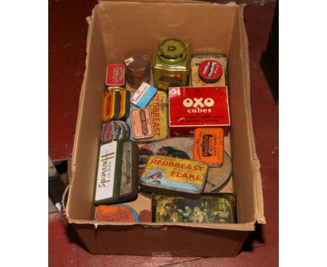 A box of vintage advertising tins to include Oxo, Ringtons, St Bruno Flake etc.