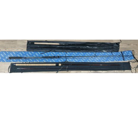 A group of three Daiwa graphite fishing rods comprising a three piece 3.9m Aqualite Match AQLM 13W, a two piece 11'6" Stalker