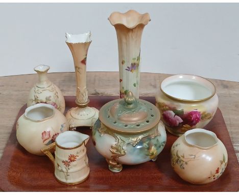 Eight pieces of Royal Worcester blush ivory porcelain, tallest 19cm.