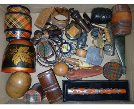 A box of assorted collectables including tartan ware, other treen, whistles etc.