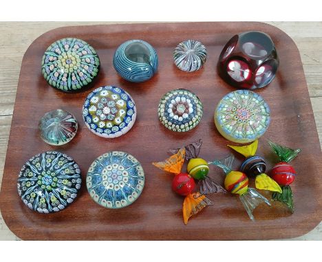 A tray of assorted glass paperweights including millefiori, Kosta Boda, Webb Corbett dragon fly, together with five hand blow