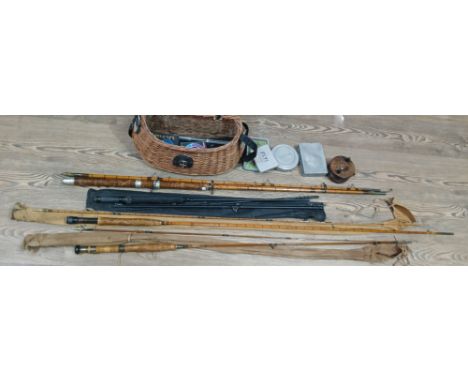 Fly fishing tackle including Martin James split cane rod, 2 Alcock split cane rods, wicker creel containing wooden reel, line