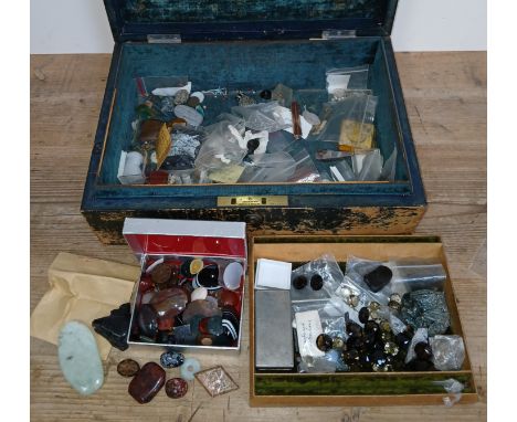 A Victorian dispatch type box containing mineral samples and cut crystals, gemstones.